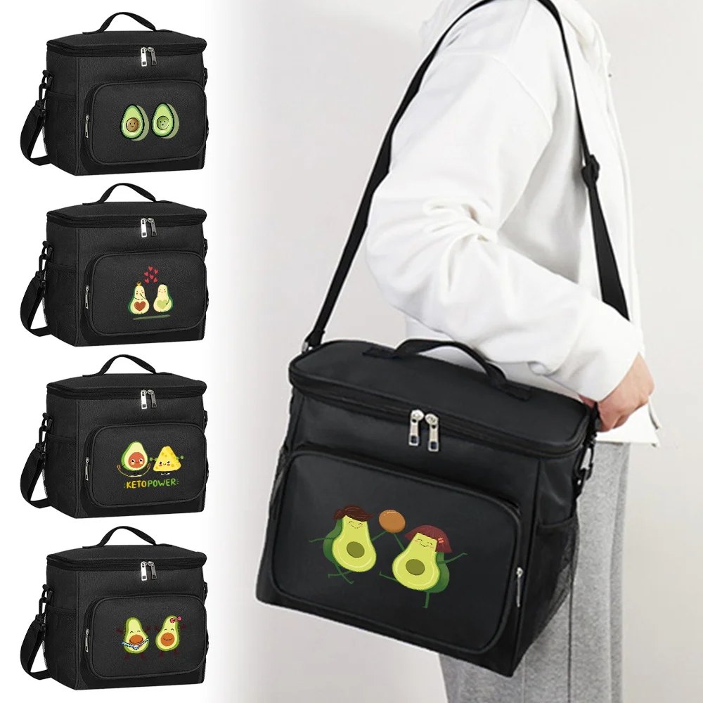 Zipper Front Pocket Lunch Bag for Kids Black Color Multifunctional Lunch Box Avocado Series Printing Microwave Safe Dinner Box