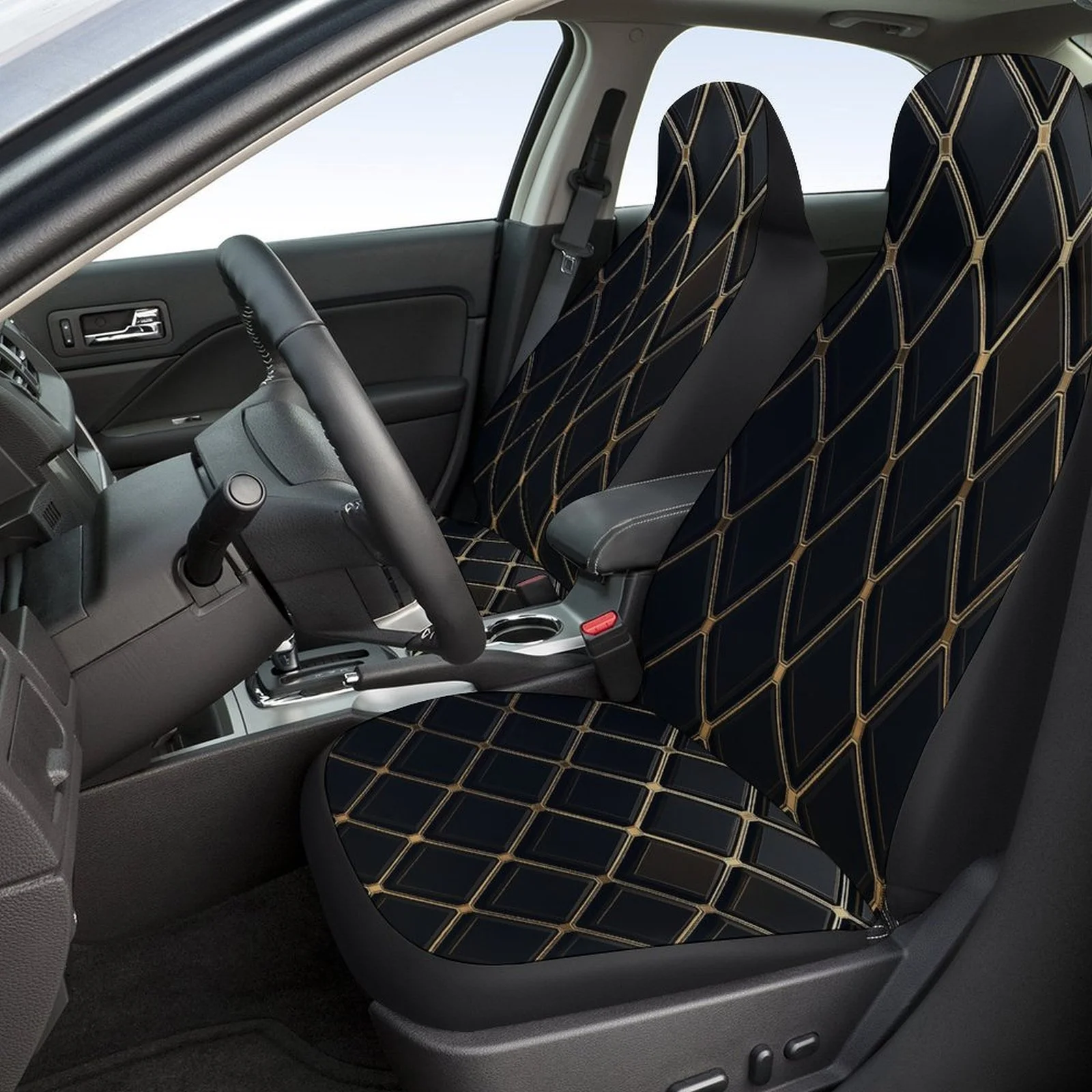 Black Golden Grid Themed Car Seat Covers Set For Most Cars, Fashionable Comfortable Decorative Car Seat Protector Covers Full Se