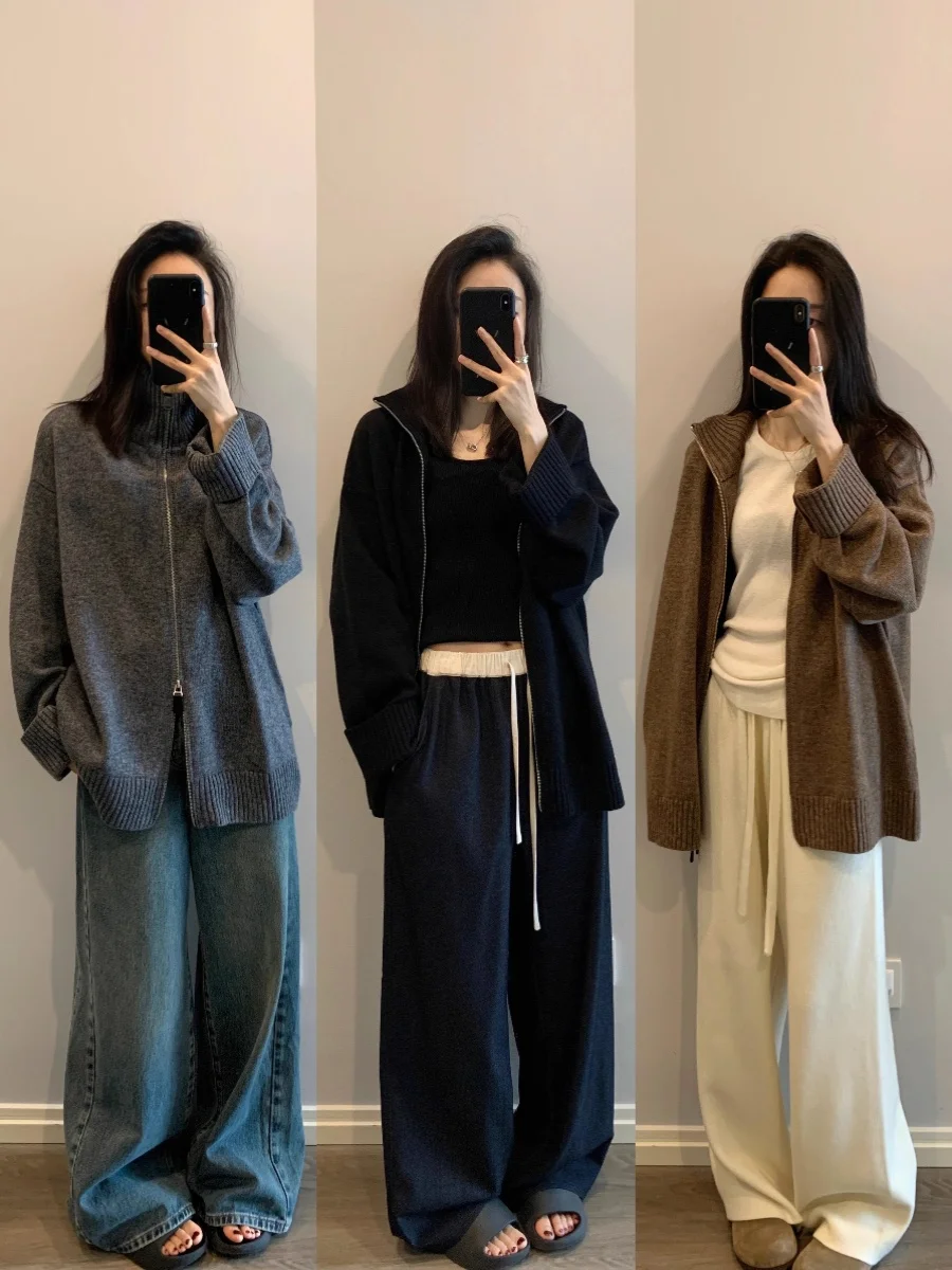 

Женский кардиган из чистого кашемира, водолазка, свободный утолщенный вязаный свитер на молнии с лацканами, пальто, нижняя рубашка