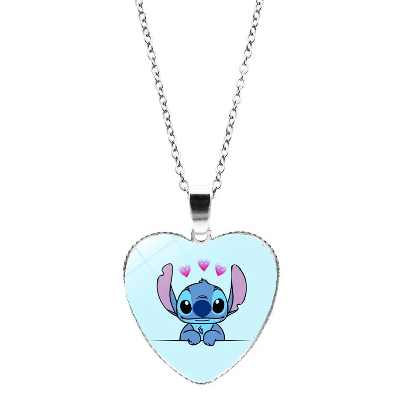 Disney Anime Lilo & Stitch Heart Necklace Photo Printed Glass Pendant Angel Necklace Decoration Kdis Holiday Gifts