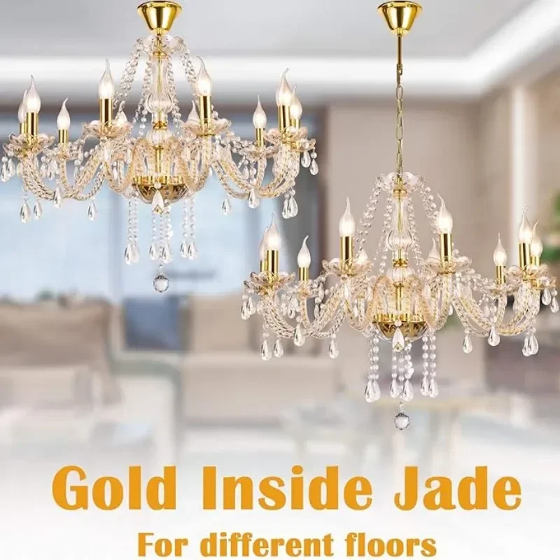 Gold Crystal Candelabra Ceiling Chandelier For Bedroom Dining Room Living Room, Classic Crystal Candle Pendant Chandeliers