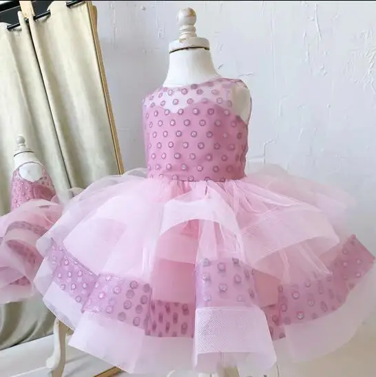 Robe Tutu pour bébé fille, jupe courte moelleuse, bleu/rose, col transparent, argent, pois, superposition de fleurs