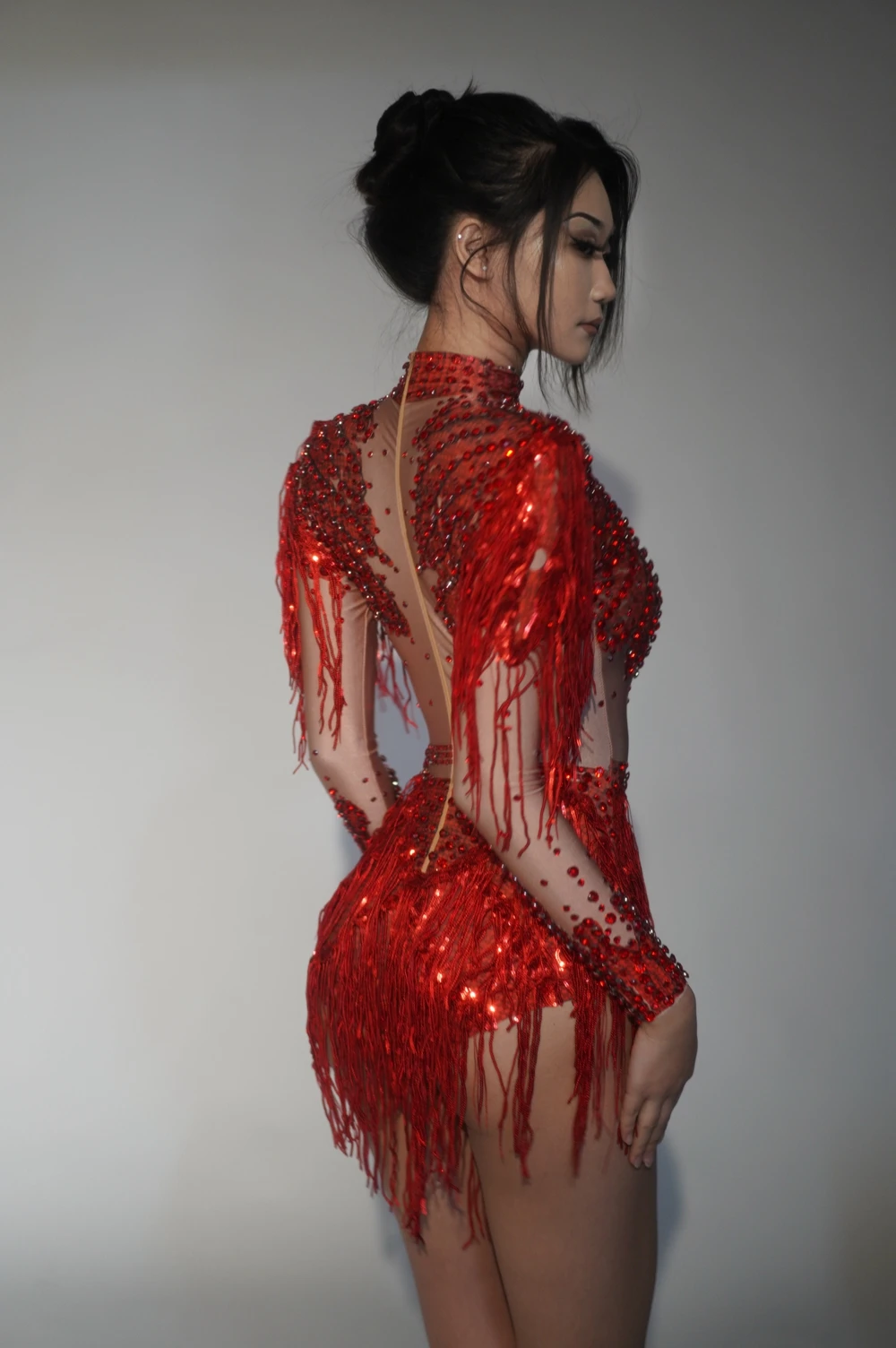 Sparkly Rhinestones Sequins Tassel Bodysuit for Women Sexy Performance Dance Costume Singer Dancer Stage Wear Birthday Outfit image 3