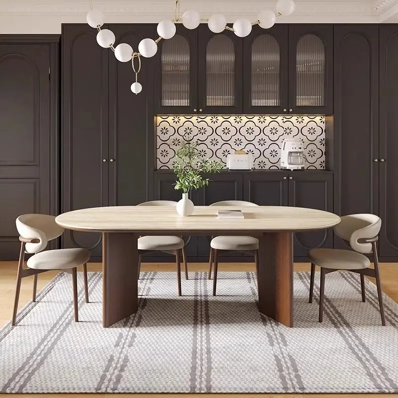 โมเดิร์นRetro 6 ที่นั่งวอลนัทโต๊ะรับประทานอาหารห้องครัวรูปไข่ไม้เนื้อแข็งชุดโต๊ะรับประทานอาหารไม้เนื้อแข็ง 8 ชุดรับประทานอาหาร