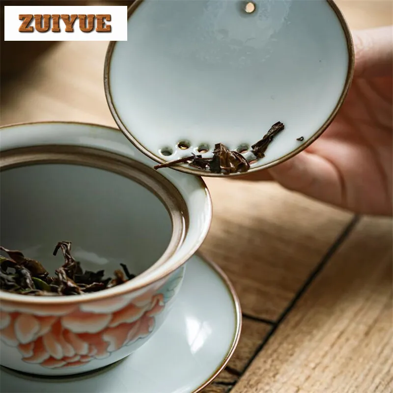 160ml Ceramic Art Picked Flowers Gai Wan Cha Cup Of A Single Ceramic Ru Kiln Kung Fu Tea Household Japanese Sancai Cup Tea Bowl