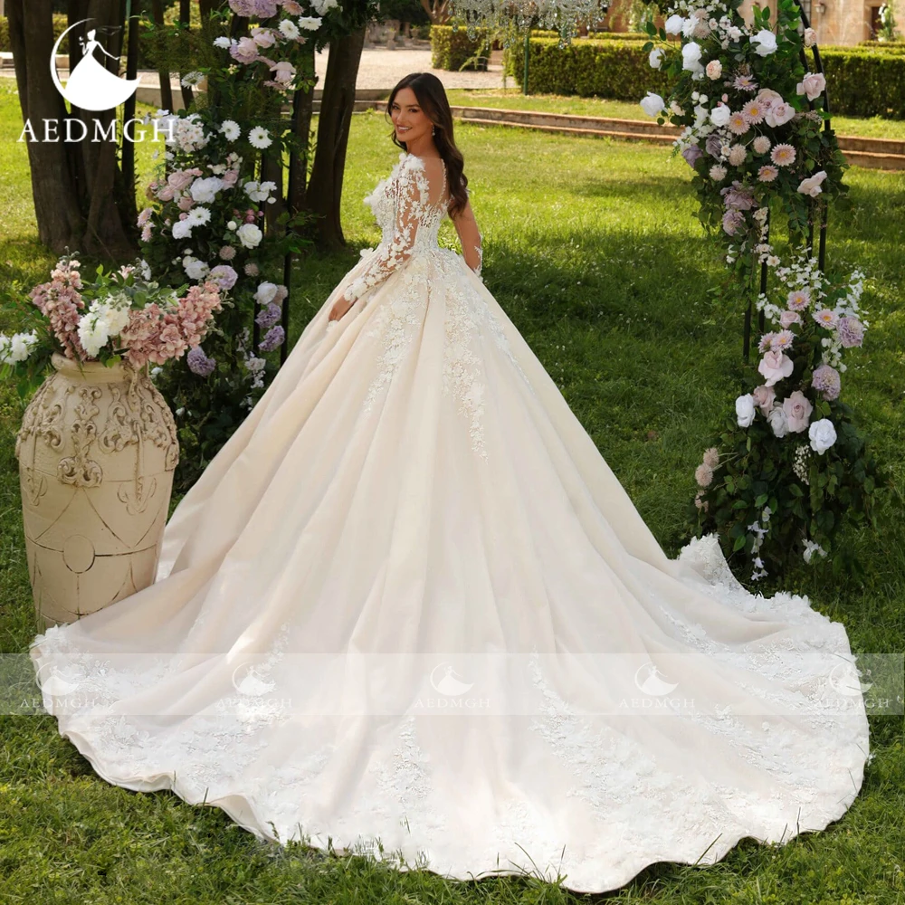 Aedmgh Ball Gown Vintage Wedding Dresses Sweetheart Long Sleeve Robe De Mariee Appliques 3D Flowers Custom Made Bridal Gown