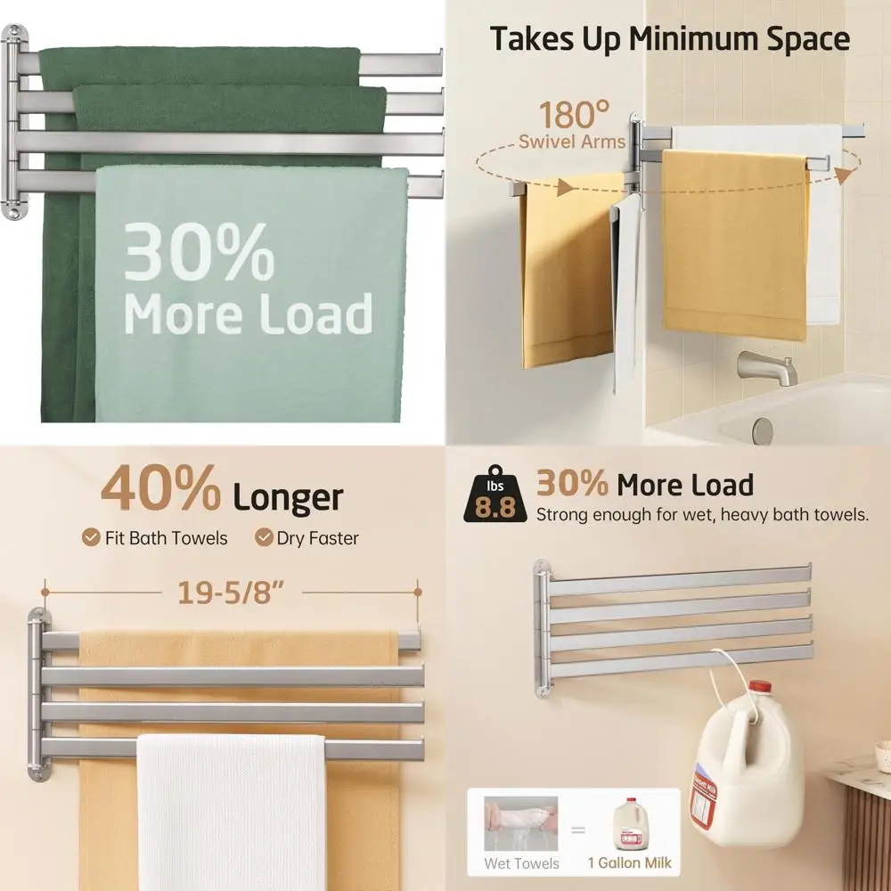 

Stainless Steel Swing Out Towel Rack, 19.5 4-Arm Wall Mounted Bathroom Towel Bar with 18/8 Grade Material for Space-Saving Stora