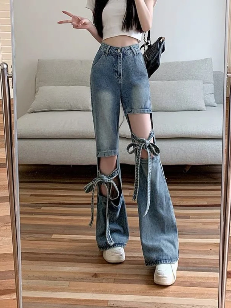 

Denim Ripped Pants for Women High Waist Shot Hot Girls Trousers Vibrant Wholesale Unique Gyaru Teenagers Woman Bell Bottom Jeans