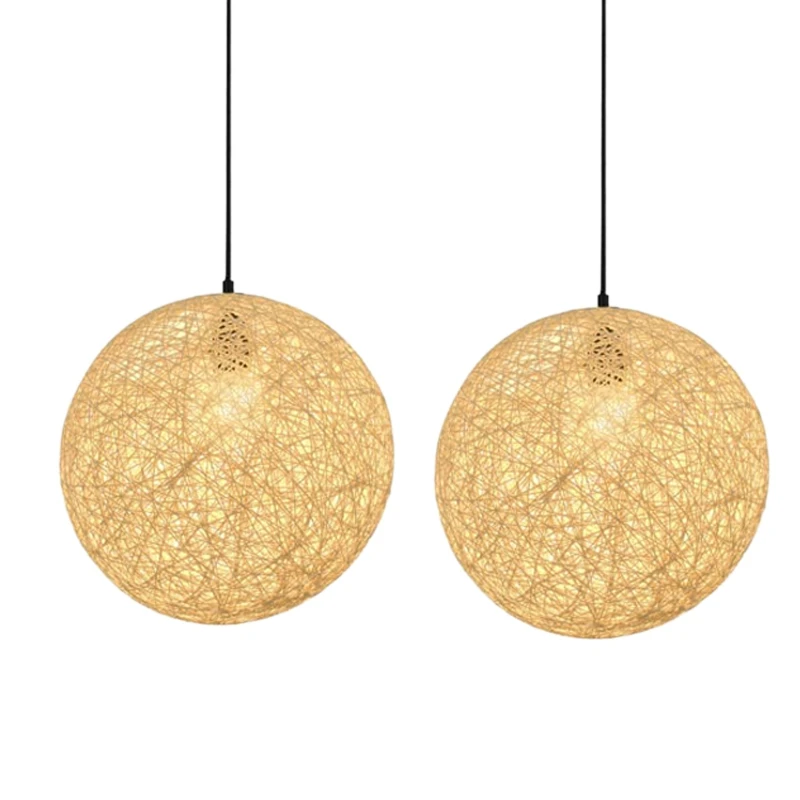 2 Pack Rattan And Jute Ball Chandelier Individual Creativity Spherical Rattan Nest Lampshade