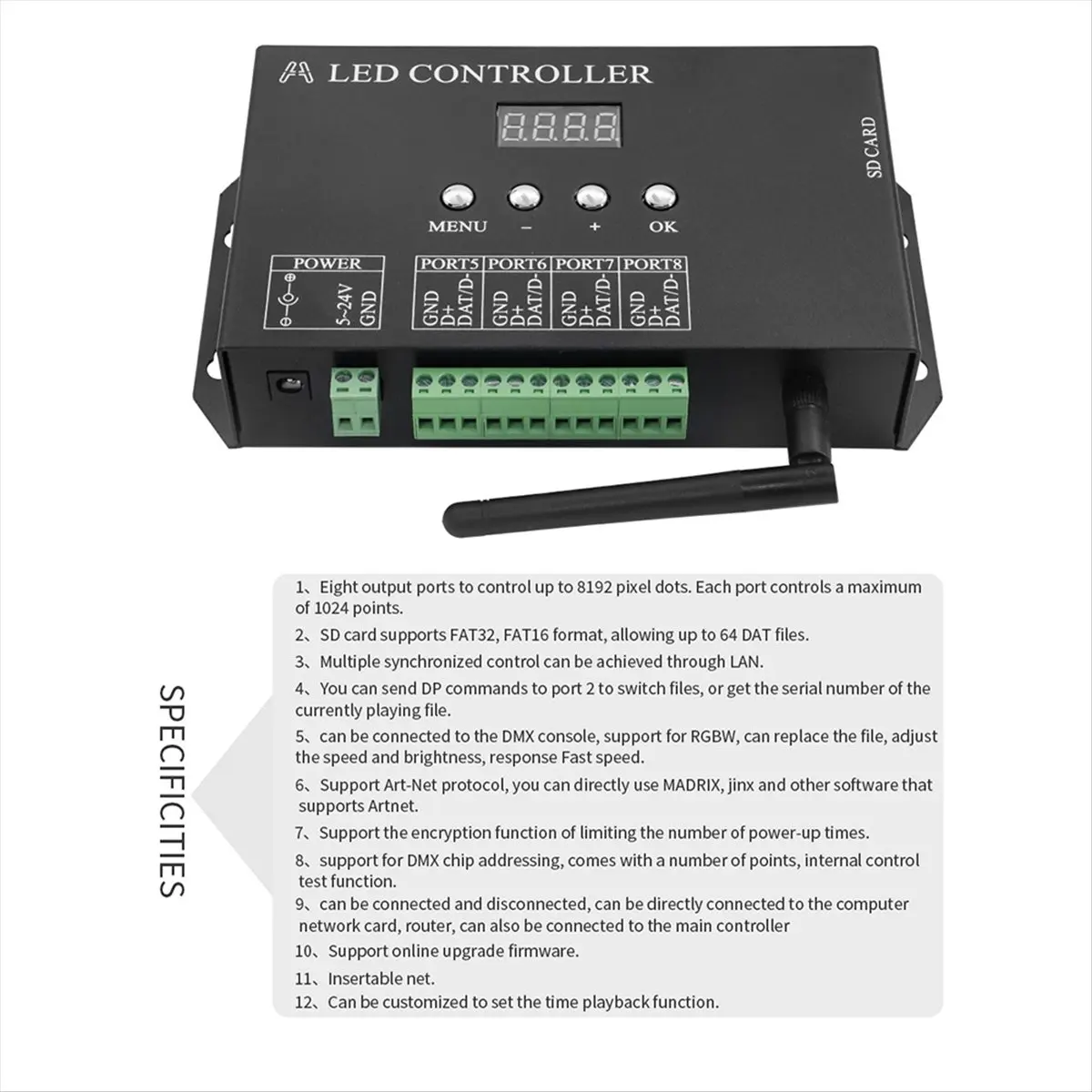 【a21z】-controller-led-pixel-wifi-da-artnet-a-spi-supporta-sincronizzazione-lan-scheda-sd-console-dmx512-h807sa-con-spina-eu