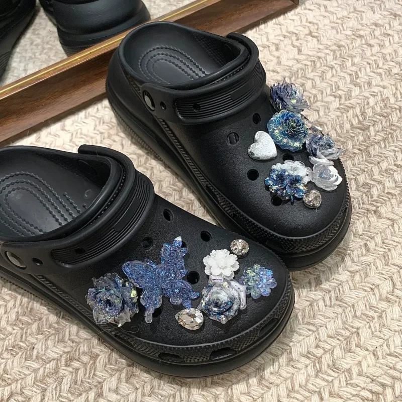 Blue Flower Butterfly Shoe Charms Rhinestone Crystal Clog Shoes Decorations DIY Accessories for Garden Sandals Women Girls