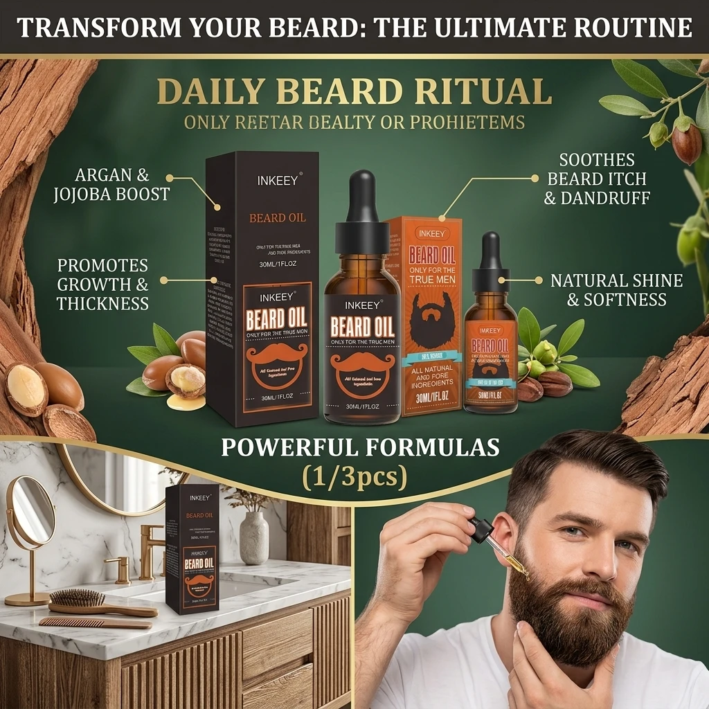 3PCS Beard Care Oil For Men Natural Organic Beard Care Fast Shine Soften Beard Strengthens Mustaches Smooth Nourishing For Beard