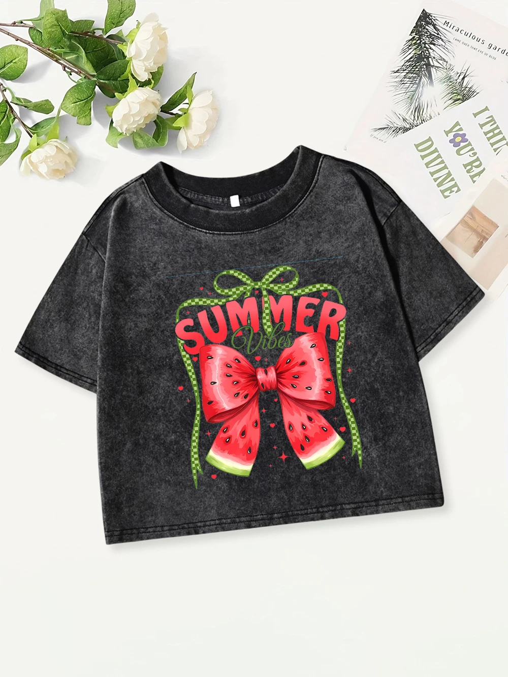 

Street Cotton Crop Tops Womens Summer Vibes Watermelon Printed Washed T-Shirts Sexy O-Neck Regular Fit Streetwear Y2K Clothes