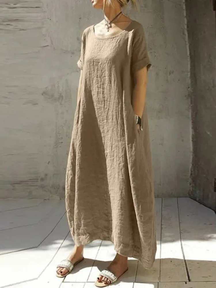 2024 plus size casual cotton and linen dress 6XL 5XL 4XL fashion women\'s solid color round neck short sleeve pocket loose dress