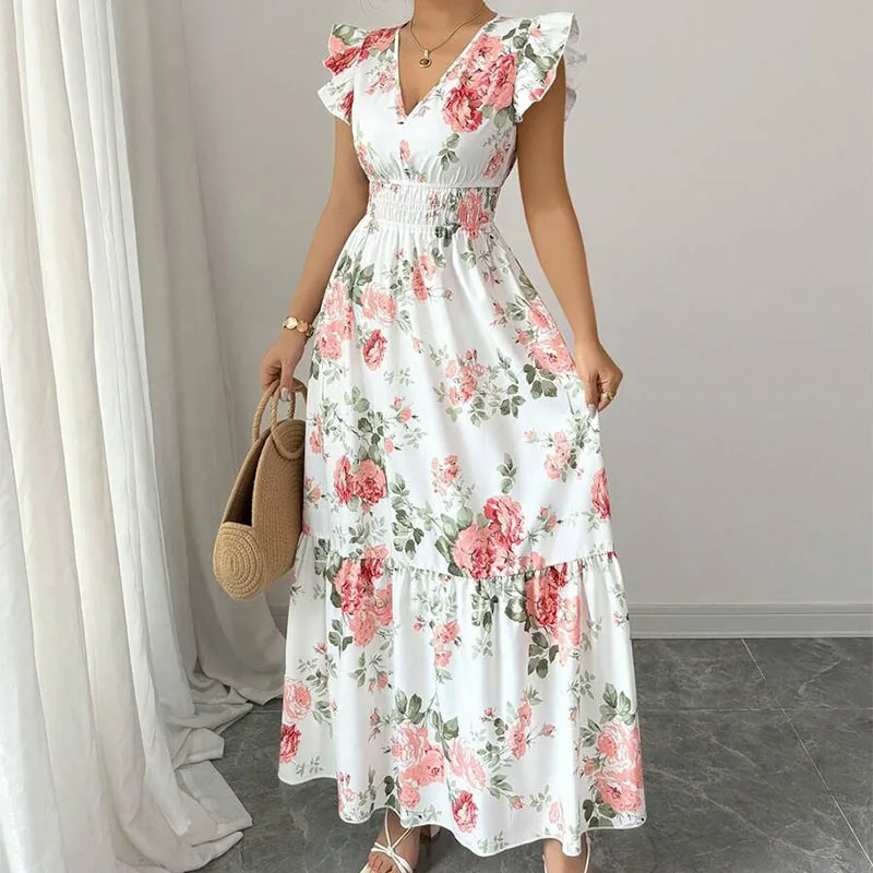 Elegante Boho Abito lungo da donna Sexy senza maniche con scollo a V Stampa floreale Orlo Gonna da spiaggia Vestito estivo Abiti da sera maxi Abiti