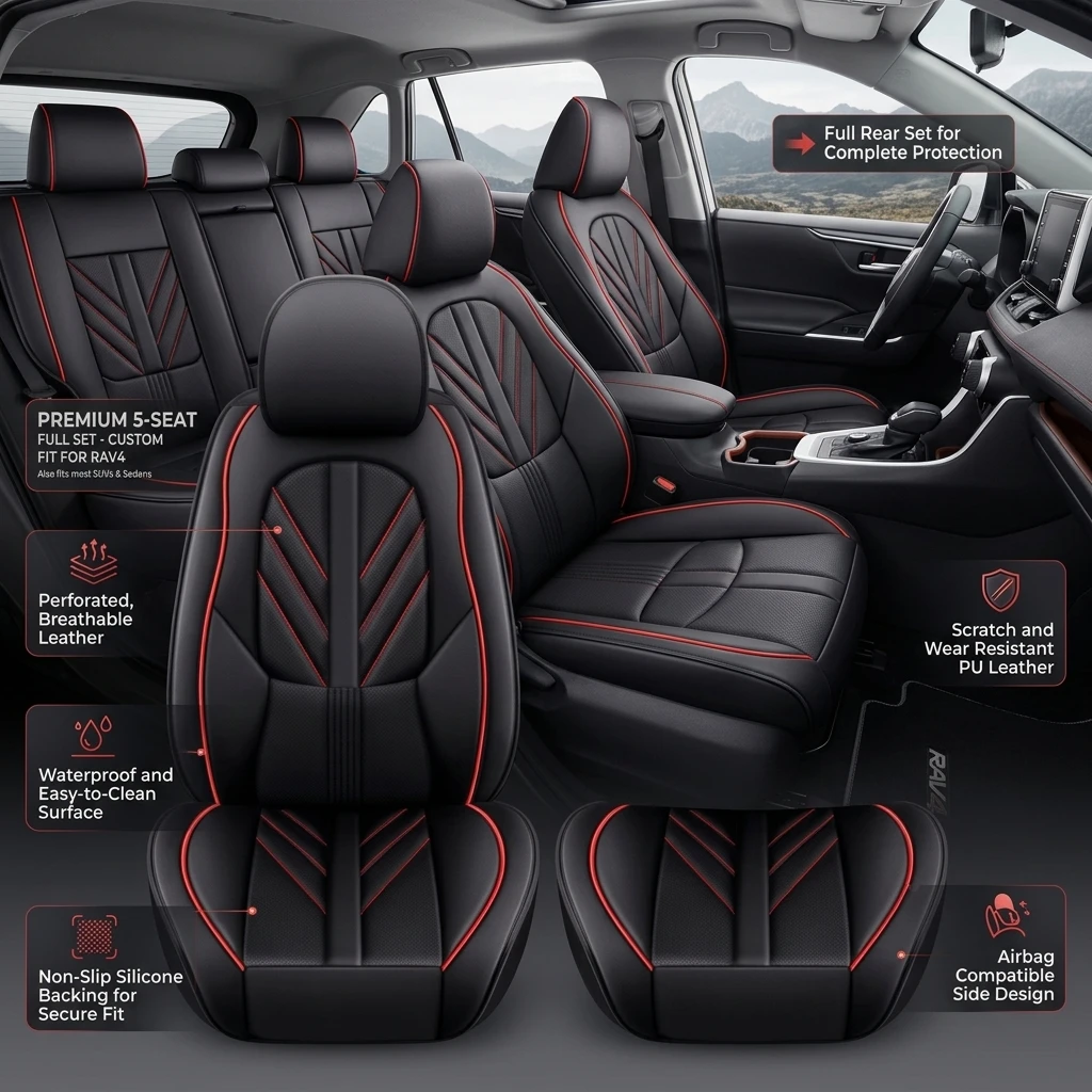 For Toyota RAV4 Car Seat Covers Leather 5 Seats Full Set Front Rear Protectors Cushion Cover Auto Interior Accessories Waterproof Breathable Durable Easy Install Anti Slip Universal Fit Car SUV Truck Van Sedan Comfortable Wear Resistant Scratch Resistant