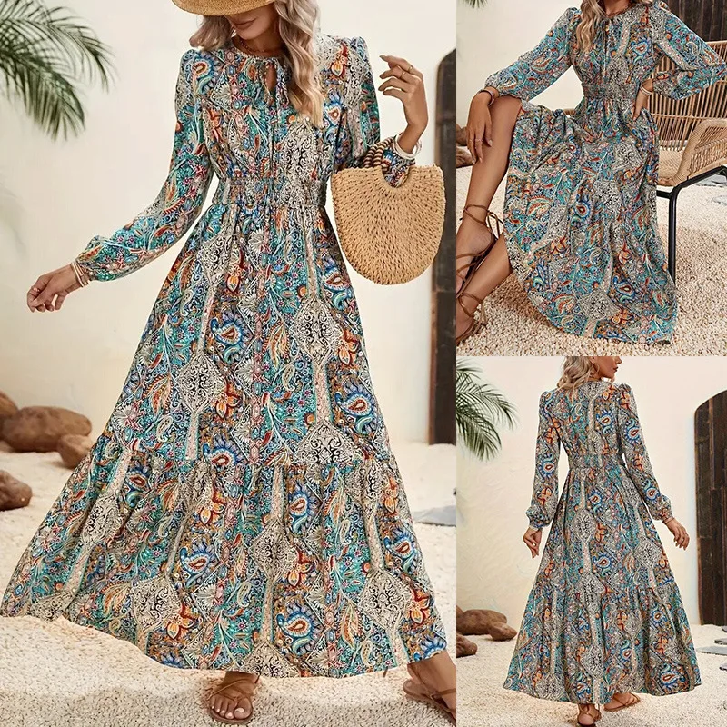

Women's Floral Dress Fashion Lantern Sleeve Retro Spring Autumn Style Elegant Female Clothing