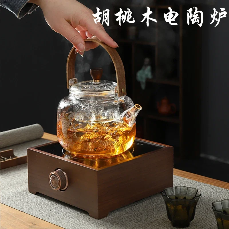 Walnut automatic solid wood electric ceramic stove  maker glass boiling water iron pot white  small e tea stove set