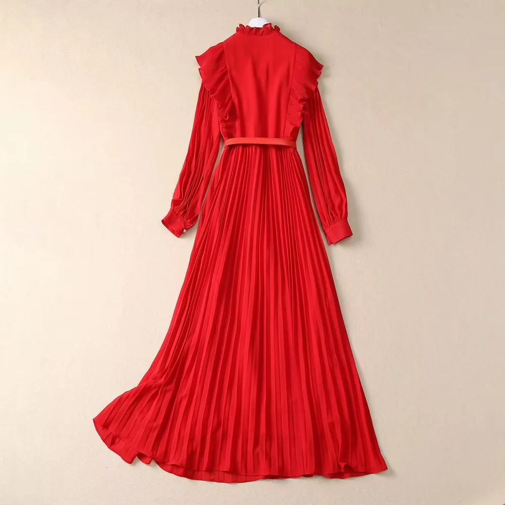 ZJYT Runway New 2024 Autumn Dresses for Women Long Sleeve Elegant Ruffles Pleated Midi Evening Party Dress Female Clothes Red