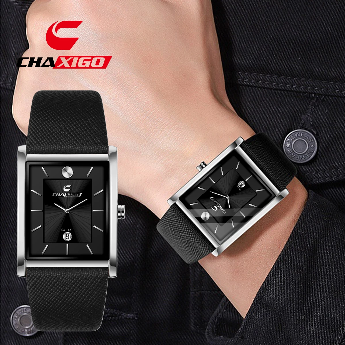 CHAXIGO Men's Fashion Casual Leather Strap Square Watch with Pin Buckle Mineral Glass Crystal 30m Water Resistance Business
