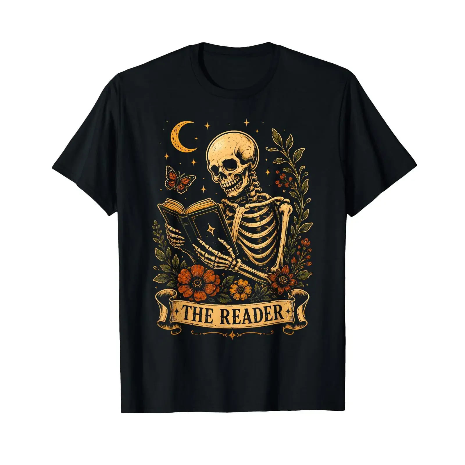 Skeleton Reader The Gothic Tarot Halloween T Shirt vintage Washed streetwear Slightly Versatile Comfortable Stretched