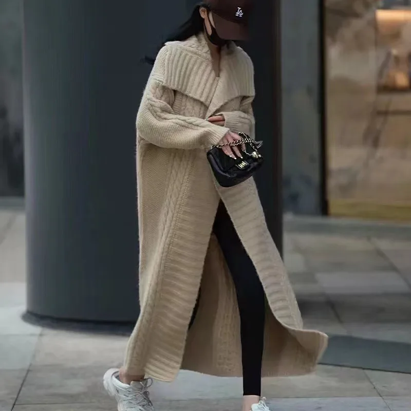 

2024 New Lazy Wind Twist Long Sweater Women's Cardigan Lapel Loose Thick Knitted Coat Overcoat