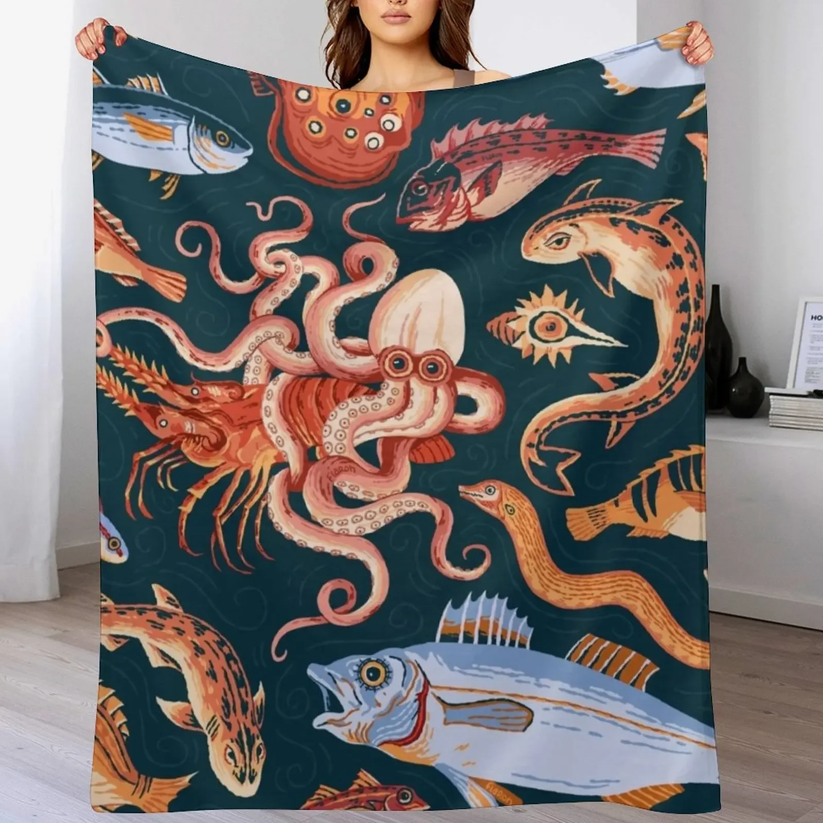 Pompeii Marine Mosaic Throw Blanket Machine Washable Soft Warm Blanket