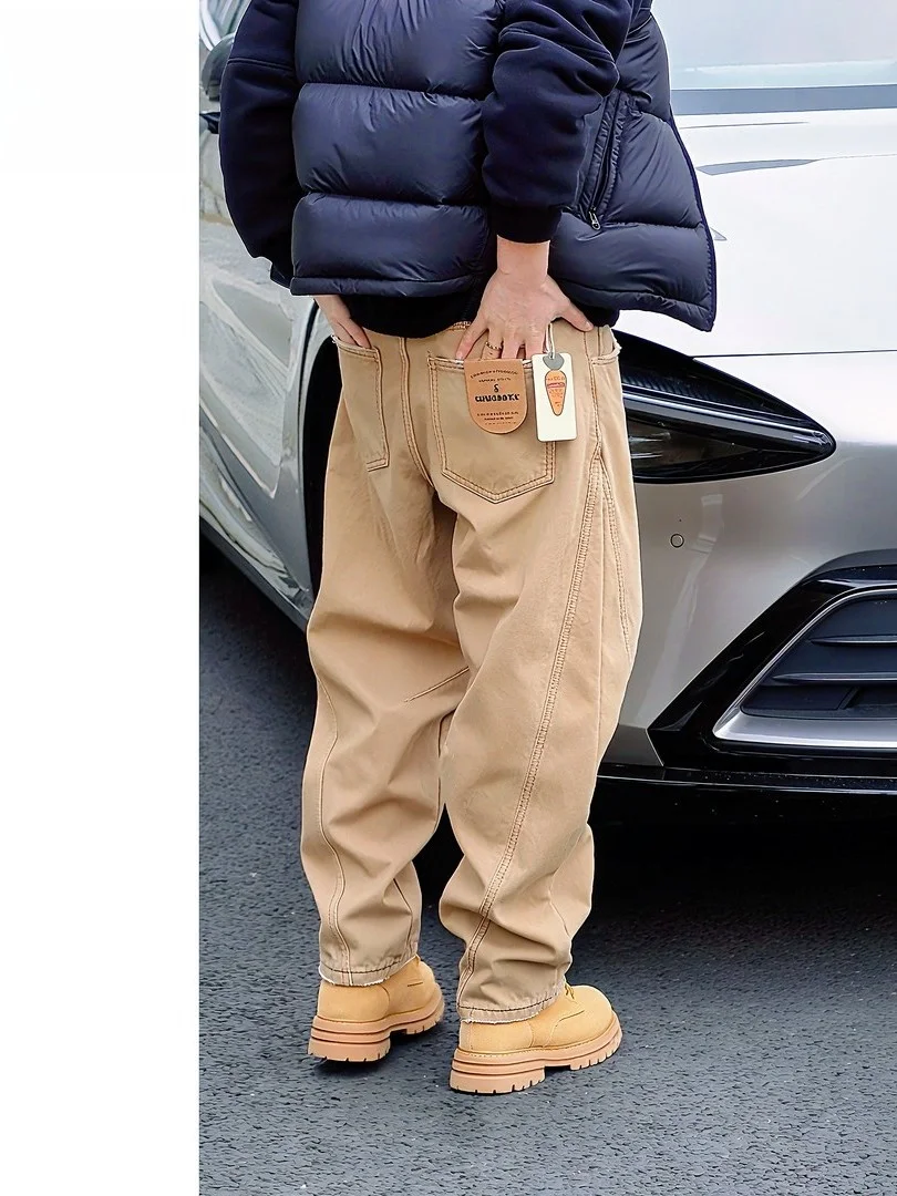 

Мужские повседневные брюки свободного кроя с прямыми штанинами цвета хаки, весенний тренд, с эластичным поясом, средней посадкой, прямые брюки-трубы