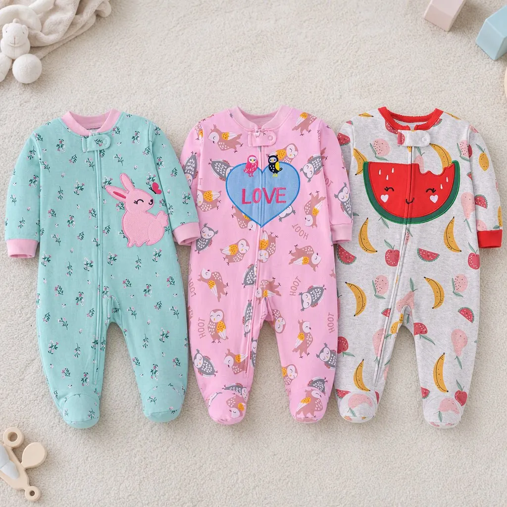 Infant Girls Double-Sided Cotton Footed Romper Cute Cartoon Embroidery All-over Print Zipper Onesie All Seasons Baby Clothes