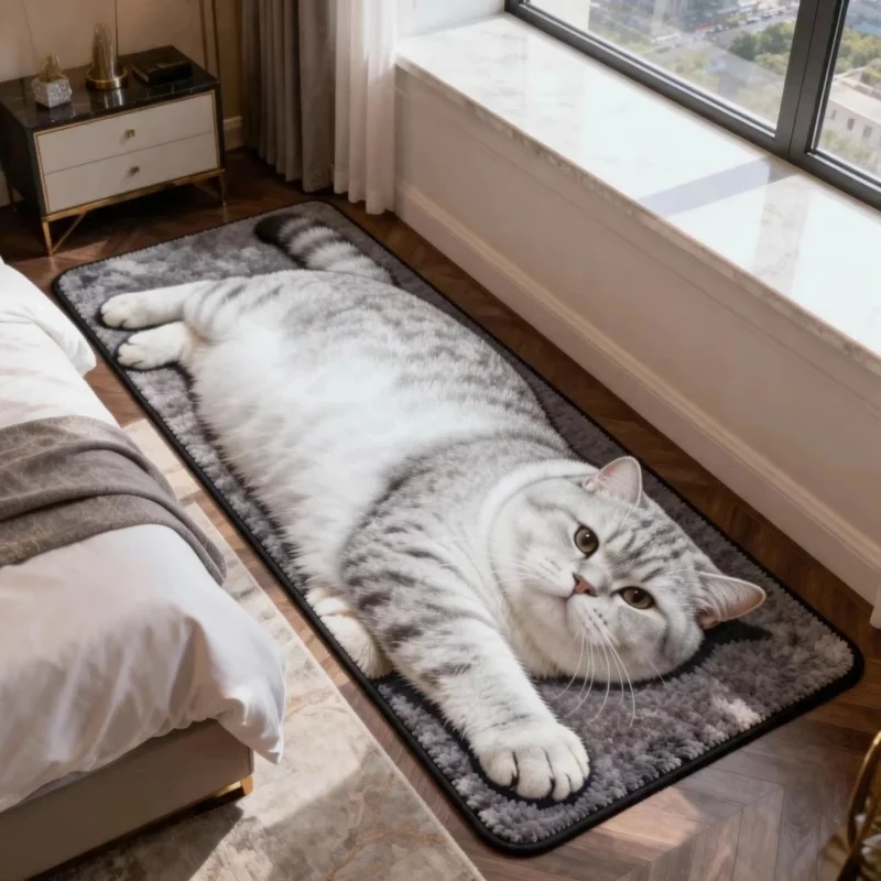 VIKAMA 3D Printed Cute Cat Long Runner Rug Non Slip Animal Floor Mat Bedroom Bedside Rug Creative Home Indoor Decor Carpet