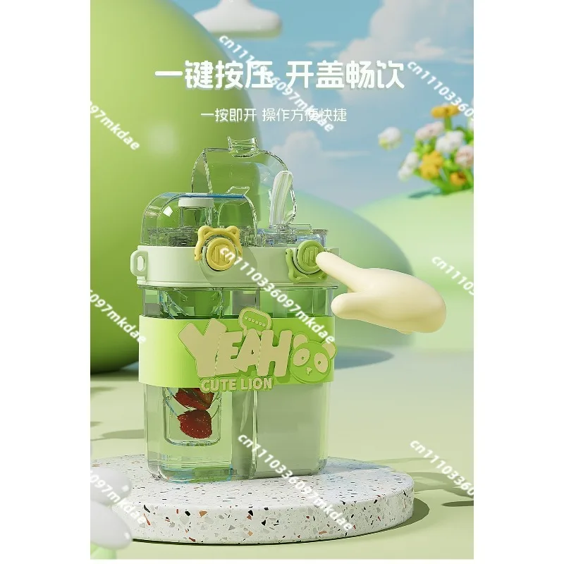 grid large-capacity double drinking cups, student drinking cups with straws, cartoon high-value outdoor portable cups