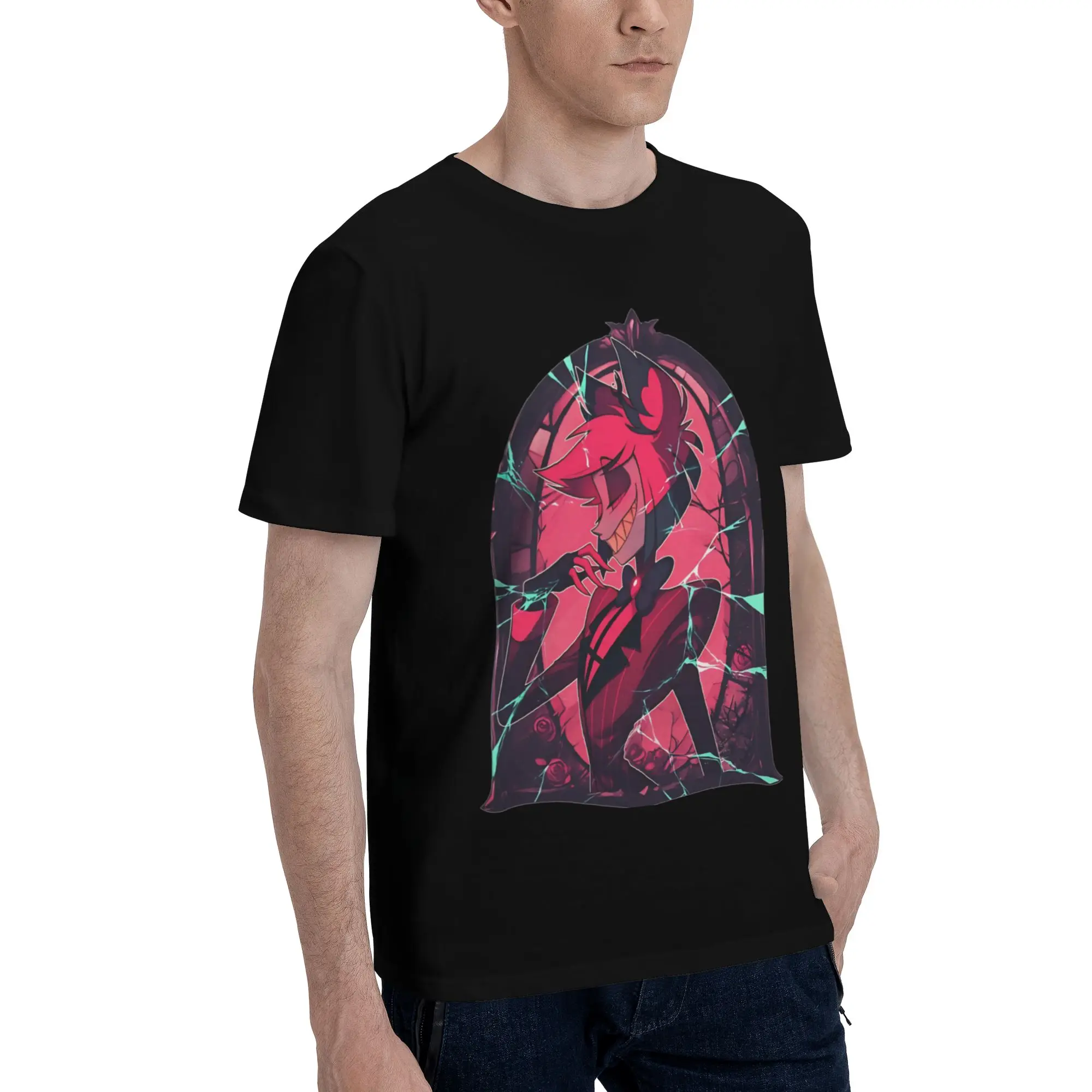 Stained Glass Alastor Cracked Men T Shirt Hazbin Hotel Crazy Tees Short Sleeve Round Collar 100% Cotton Original Clothes T-Shirt