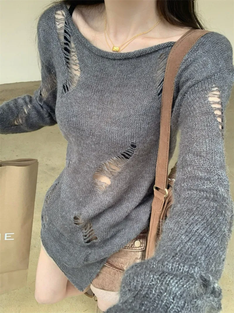 Gray Weathered Hole Long Sleeve Sunshade Cover up T-Shirt Women's Autumn Spicy Top Travel Walking Match Korean Style Knitted