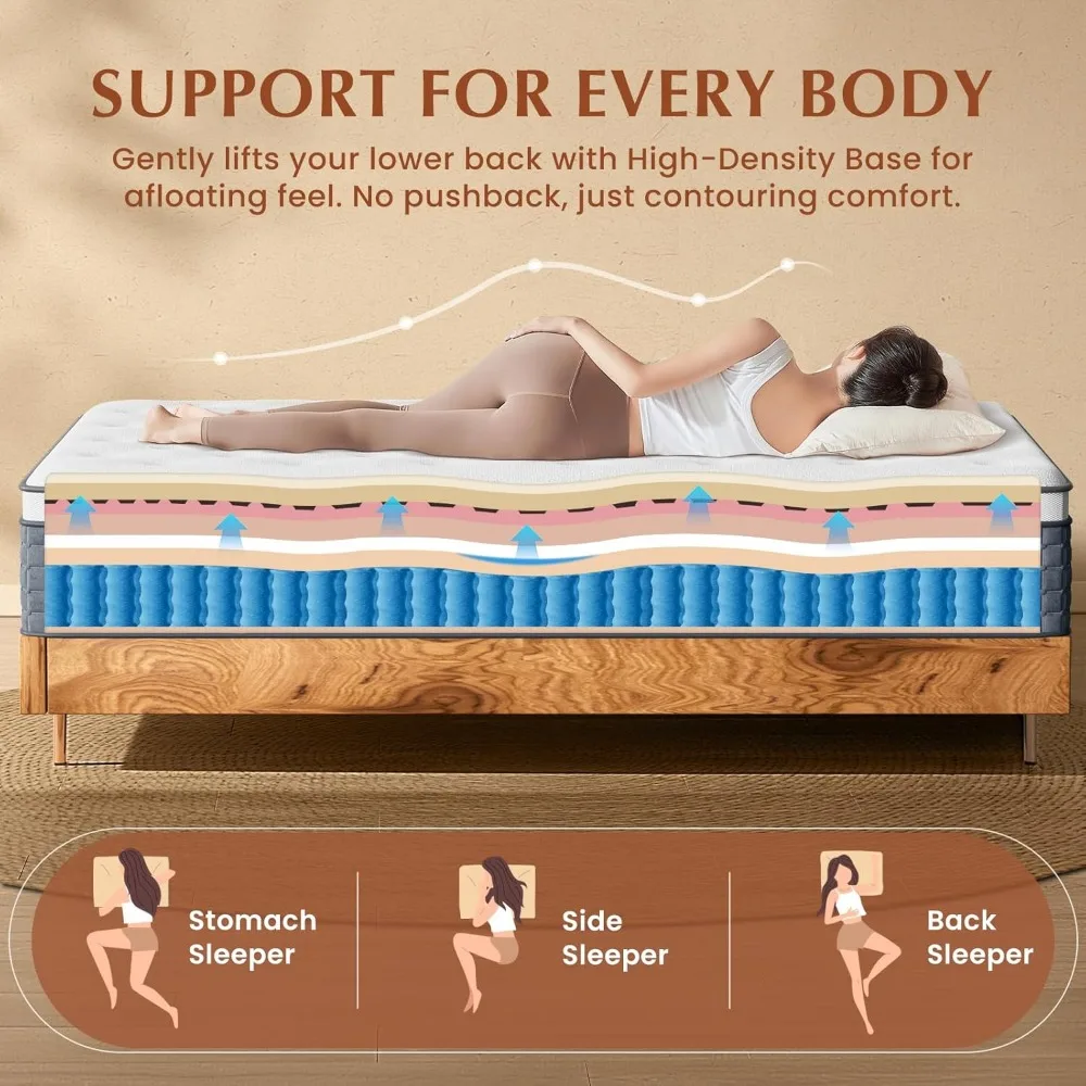 مرتبة هجينة من إسفنج الذاكرة مقاس كامل 10 بوصة، زنبرك جيب لعزل الحركة، مرتبة في صندوق للنوم المريح