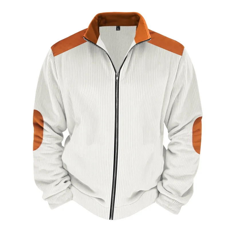 Herren Stehkragen Cordjacke, Farbblock-Design, Reißverschluss-Mantel, Retro, Locker Geschnitten, Lässig, Langarm, Herbst-Winter, Alltag, Streetwear – Detail 4