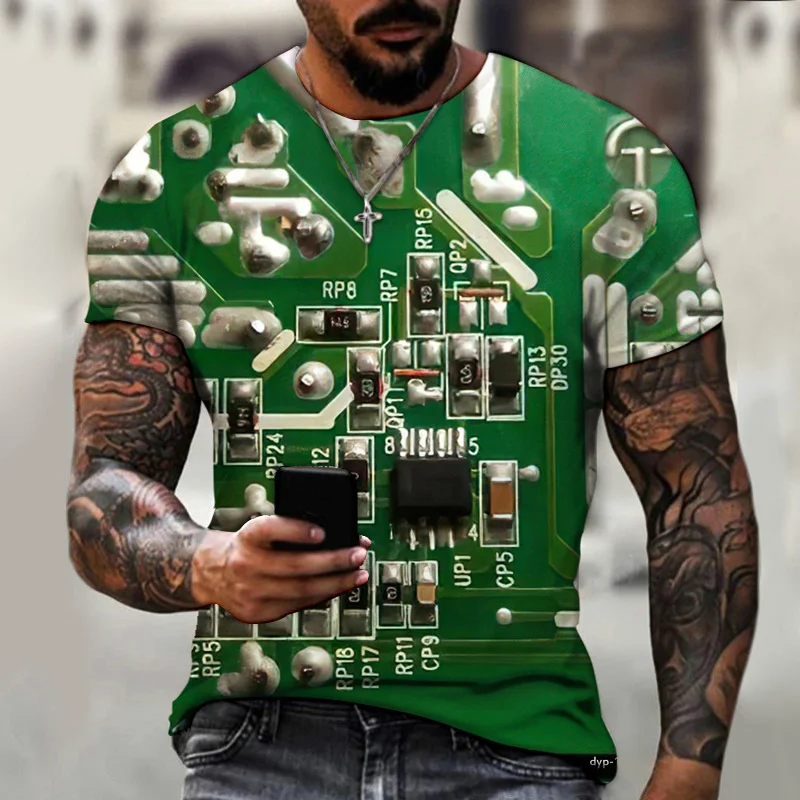 Circuit Board Electronic Chip CPU Graphic T Shirts for Men Clothing Tee Shirts 3D Print Motherboard Mainboard Short Sleeved Tops