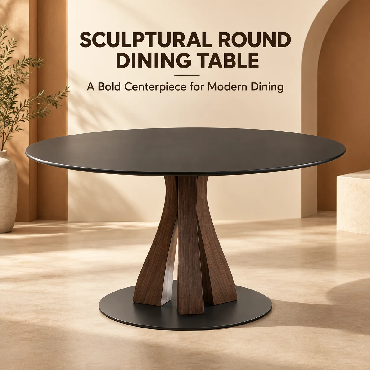 Artistic Round Sintered Stone Dining Table, Curved Walnut Wood Base, Modern Minimalist Kitchen Dining Room Furniture