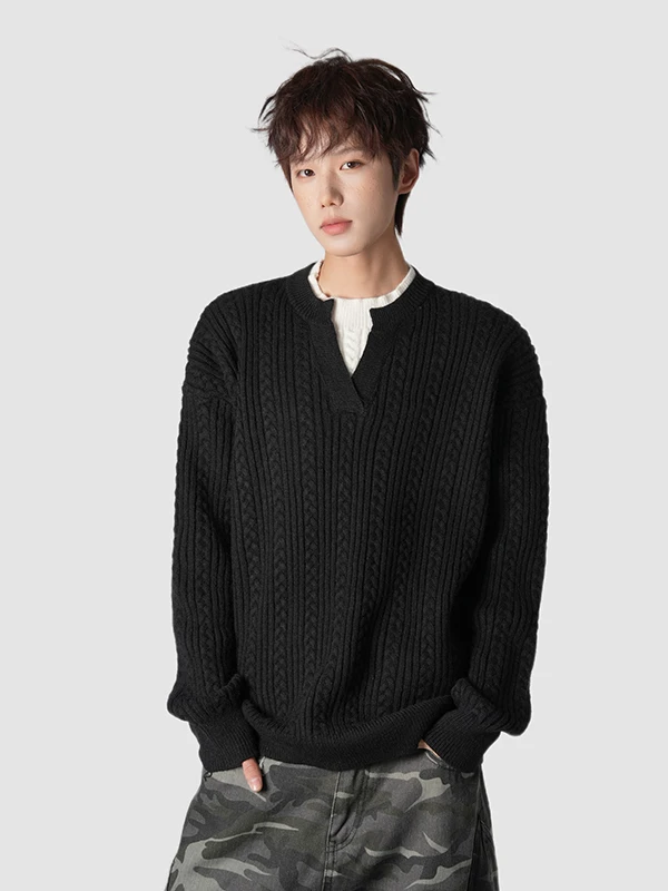 

Мужской вязаный свитер с V-образным вырезом в американском стиле, зимний тренд, брендовый, имитация двухслойного, однотонный, с эффектом состаривания, ленивый трикотаж