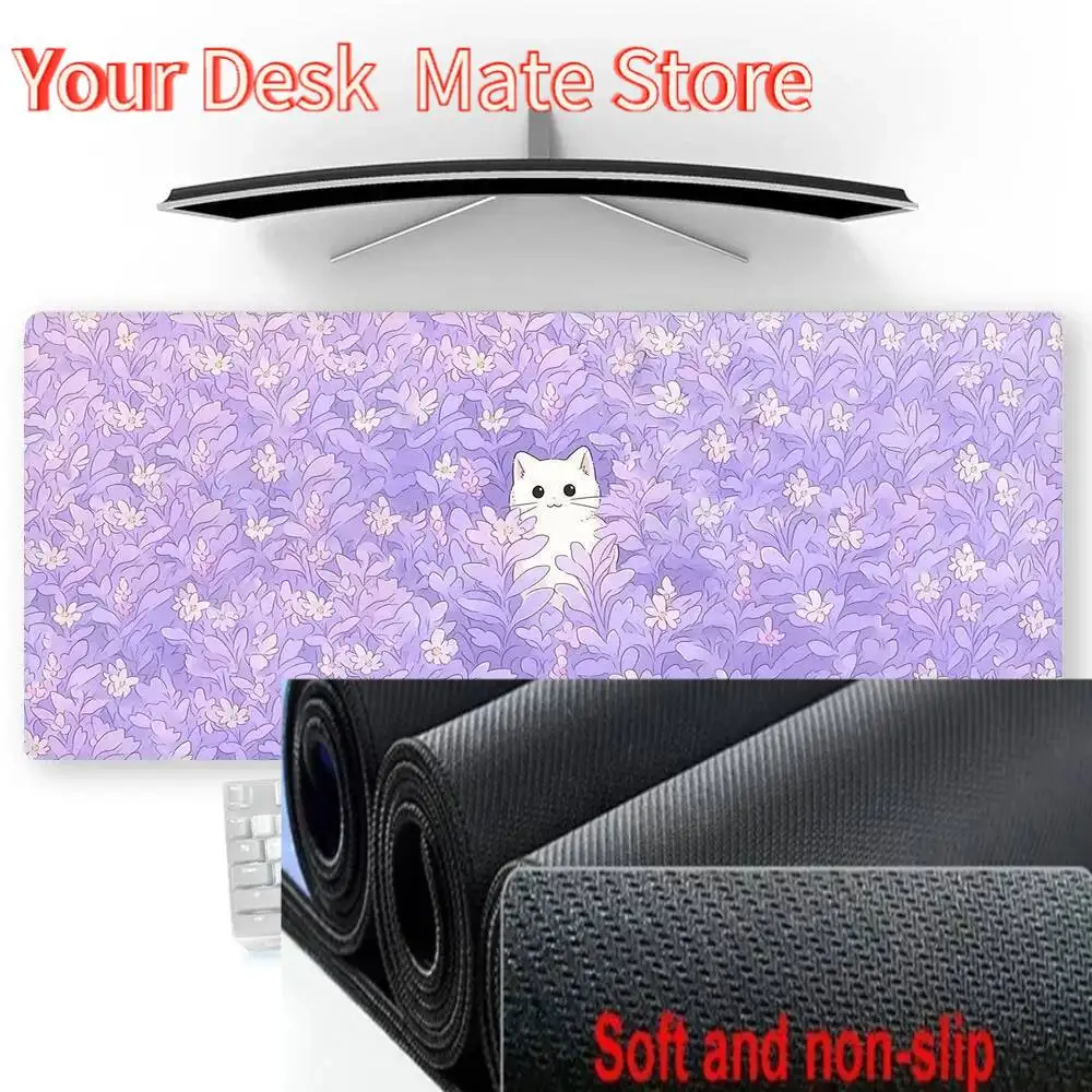 Lila Mauspad Kawaii Pastell Katze Mousepad Lila 800x400 Bürozubehör Schreibtischunterlage Niedlicher Tischteppich Individuelle Schreibtischschutzmatte