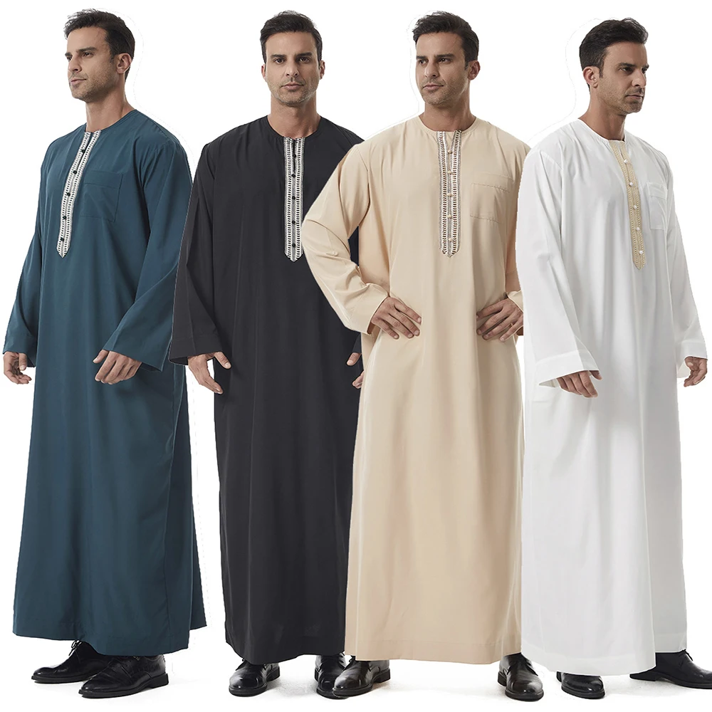 Oem الشرق الأوسط الرجال Thobe الملابس الإسلامية طويلة الأكمام الدانتيل طاقم الرقبة Thobe Thawb القفطان العربية دبي تنفس الصلاة الرجال Thobe