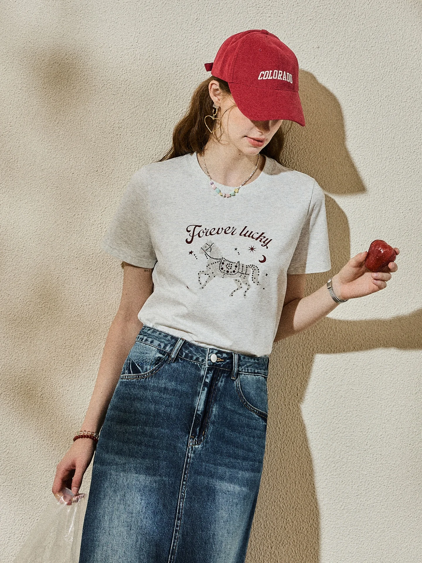 Pure Cotton Printed T-Shirt Summer Street Style Fashion round Neck Rhinestone Lucky  Casual Top for Young Women
