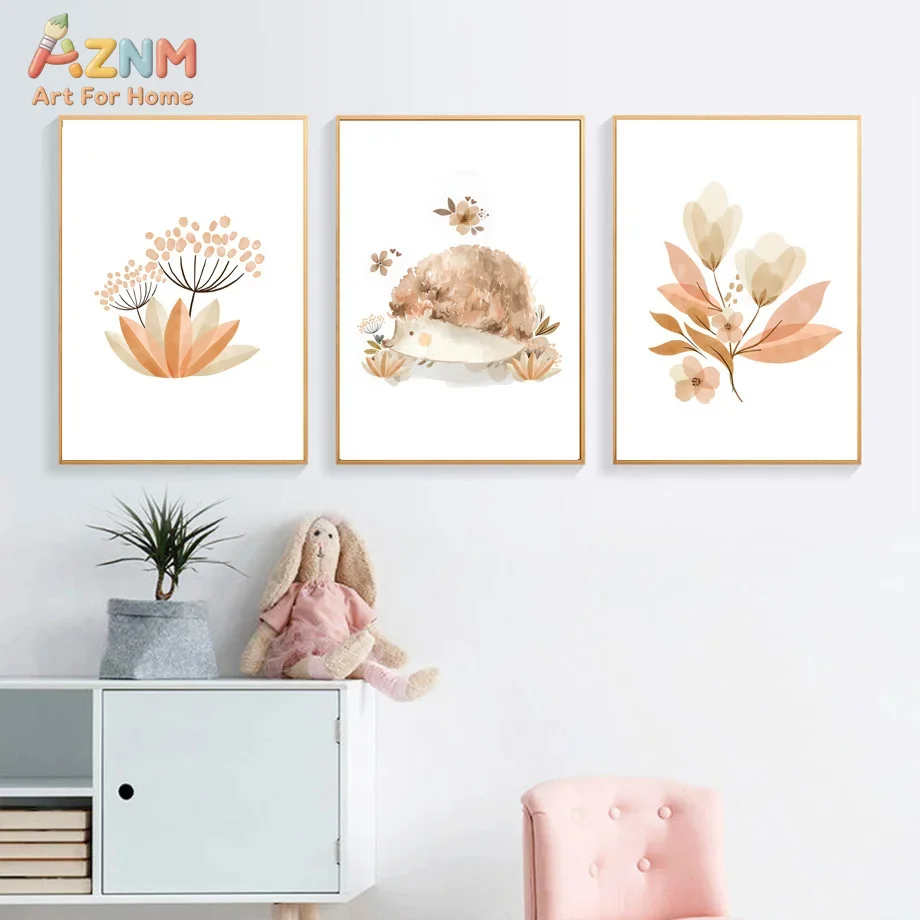 AZNM Watercolor Forest Animal Canvas Wall Art, Bear Fox Squirrel Print, Neutral Rainbow Painting for Boho Nursery Decor