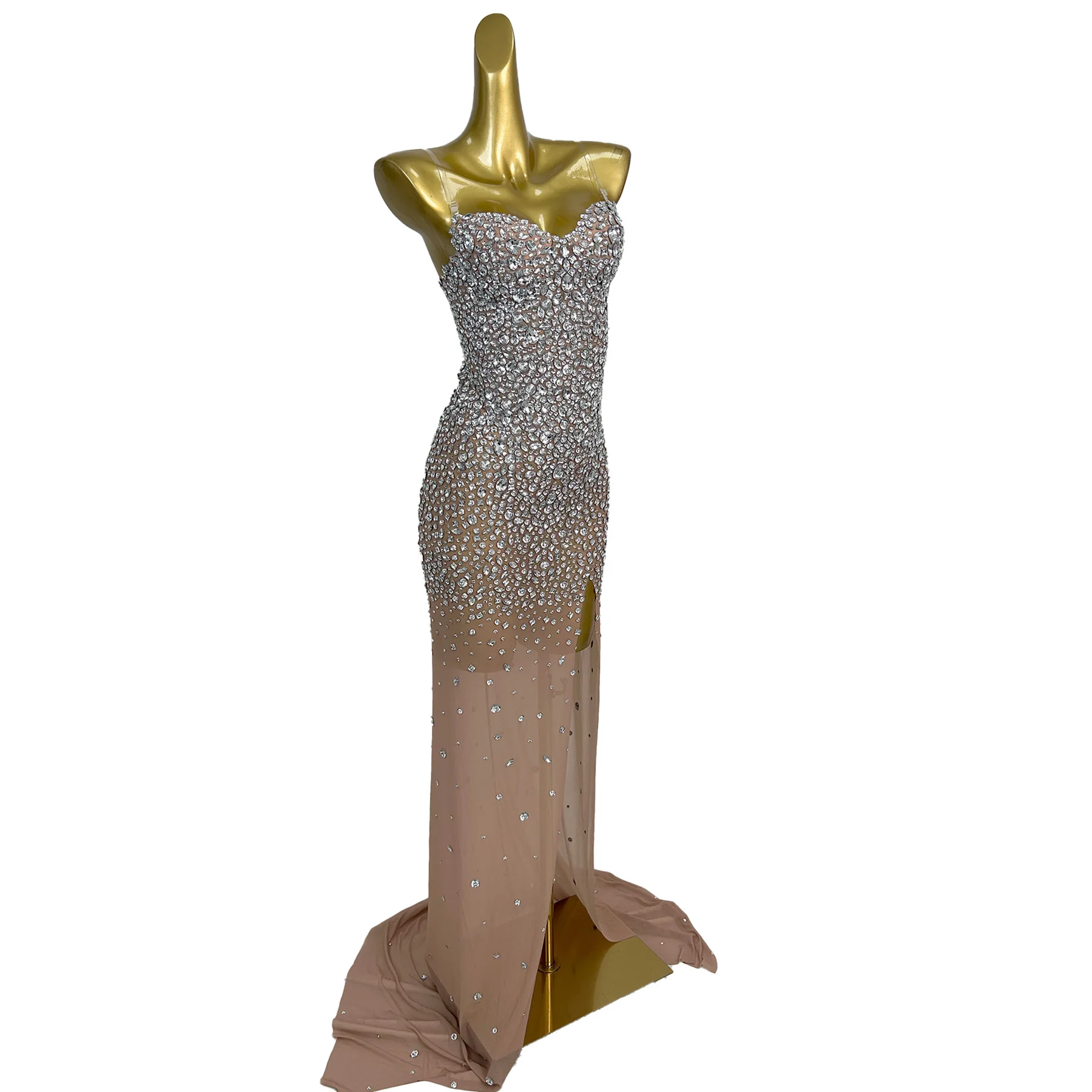 Hainiao Abito da sera da donna di lusso di fascia alta con strass argento Abito da ballo senza spalline in rete sexy Abito da cocktail per cena di nozze