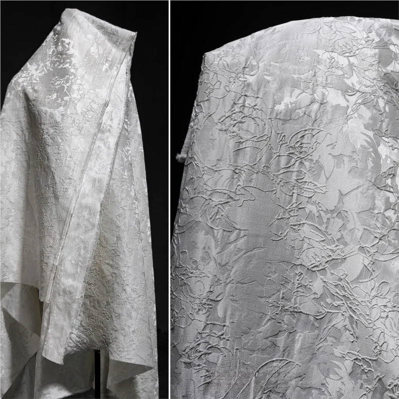 White Linear Plant Jacquard Fabric Embroidery Coat Suit Designer