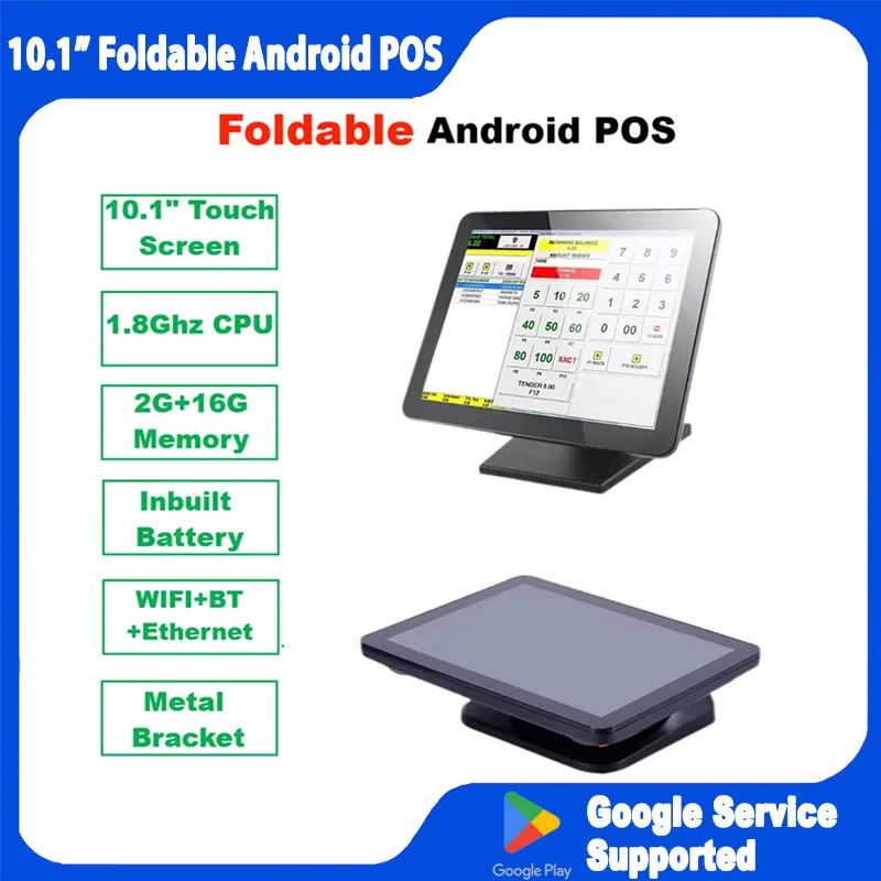 Suporte dobrável do sistema Android POS com tela sensível ao toque, caixa registradora, mini desktop, ECR, 2 + 16G, Google GMS, Loyverse suportado, 10,1 em