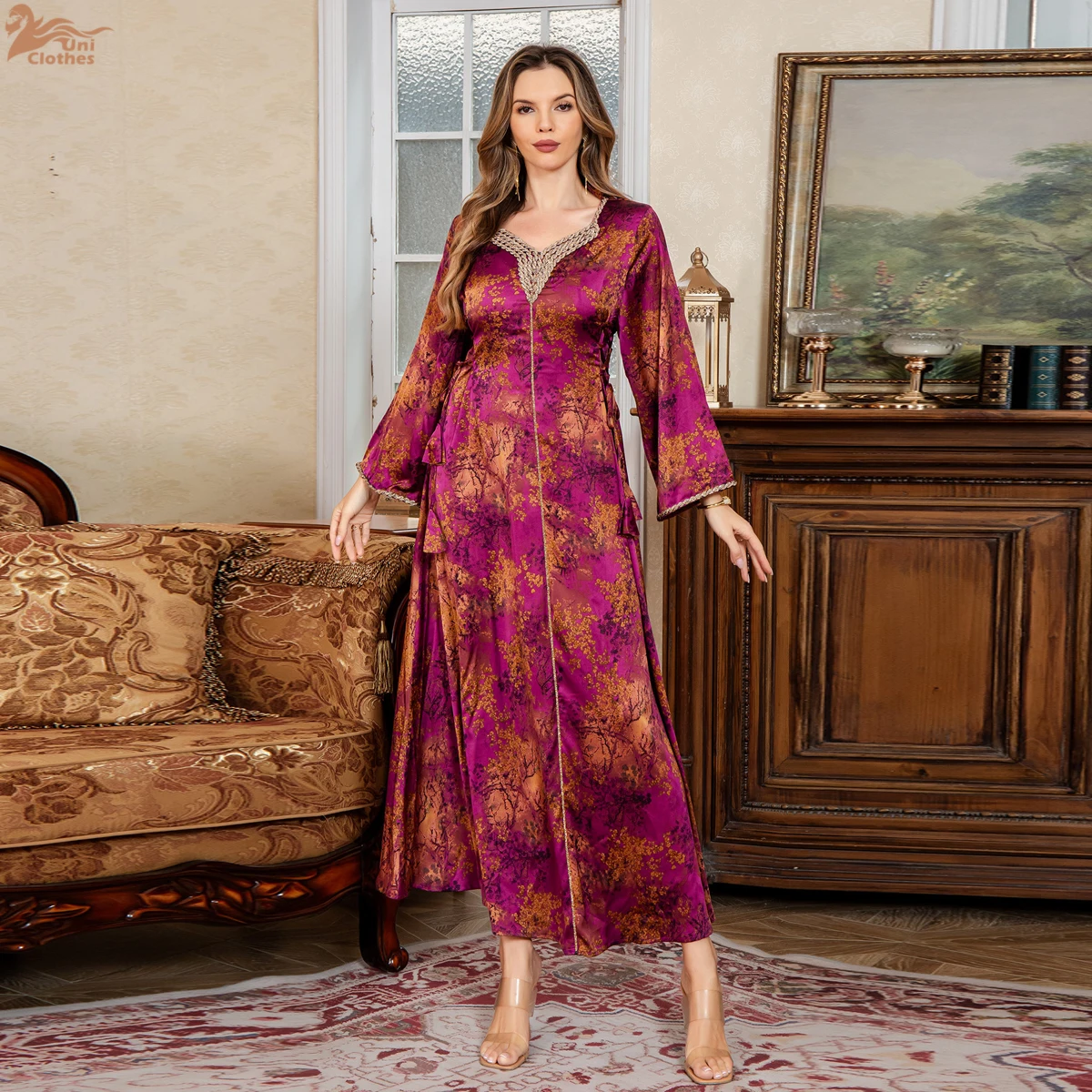 Uni فستان إسلامي جديد مطبوع عليه زهور دبي عباية أنيقة سبليت موضة قفطان بياقة على شكل حرف v 2025