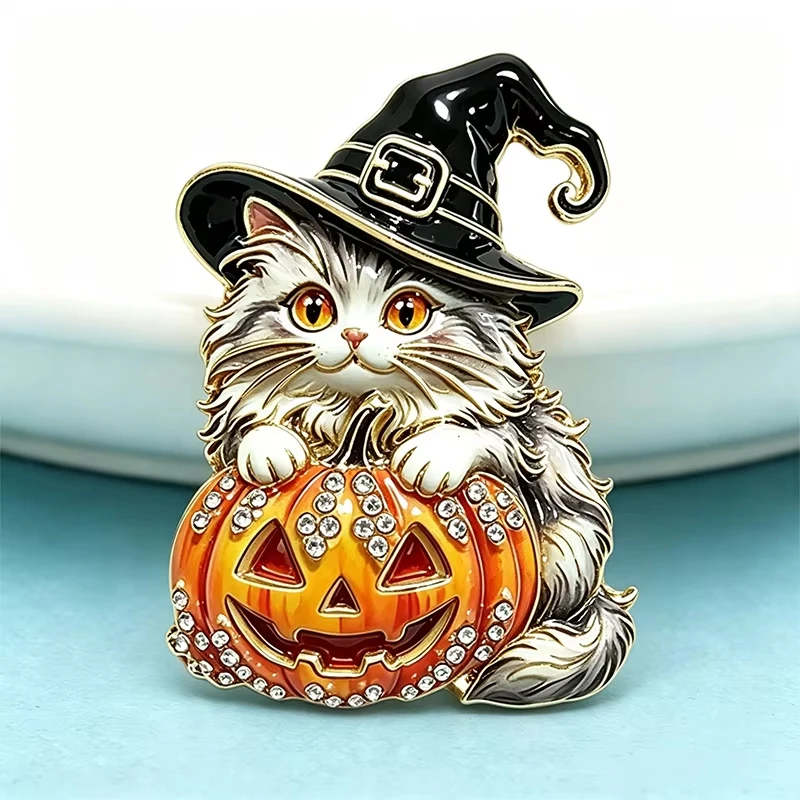 FTCY Halloween Cat Brooches For Unisex Lovely Pumpkin Wear Witch Hat Kitty Party Halloween Brooch Pins Gifts