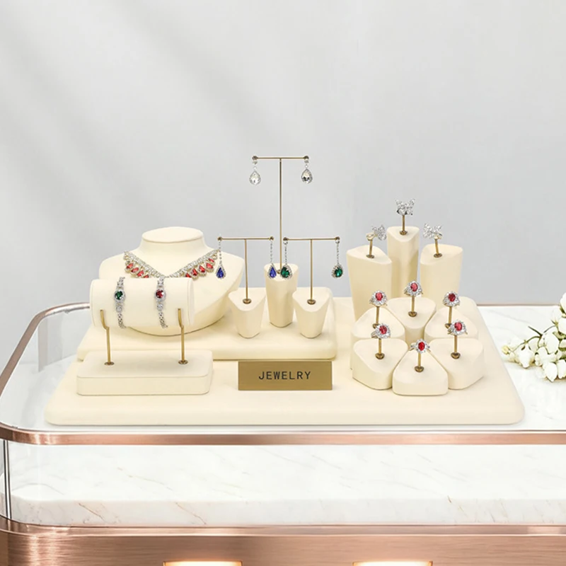 High-end jewelry display rack, beige microfiber earring and necklaces, jewelry display props, light luxury jewelry display stand