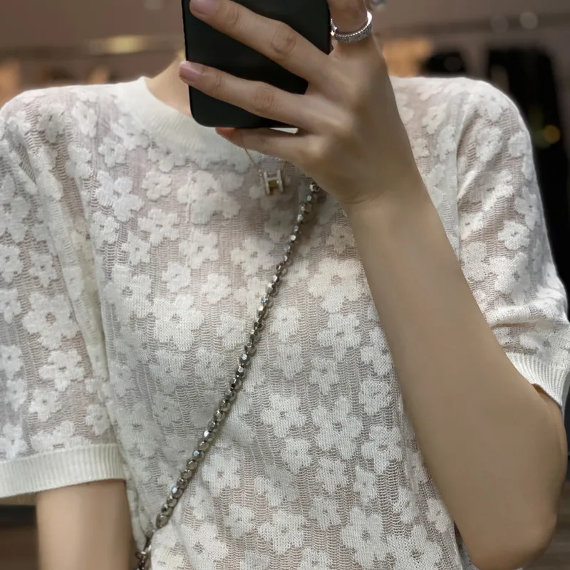 2022 spring / summer sexy light cashmere short sleeve women\'s thin breathable pullover O-neck cashmere fashion casual top Korean