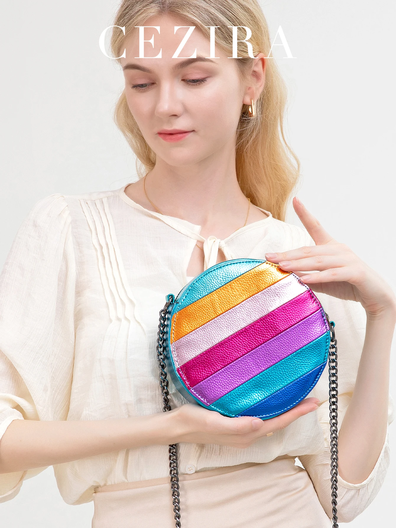 Fashion Chic Design Metallic PU Vegan Leather Women Funky Crossbody Bag Round Shaped Colorful Stripes Patchwork Chain Shoulder